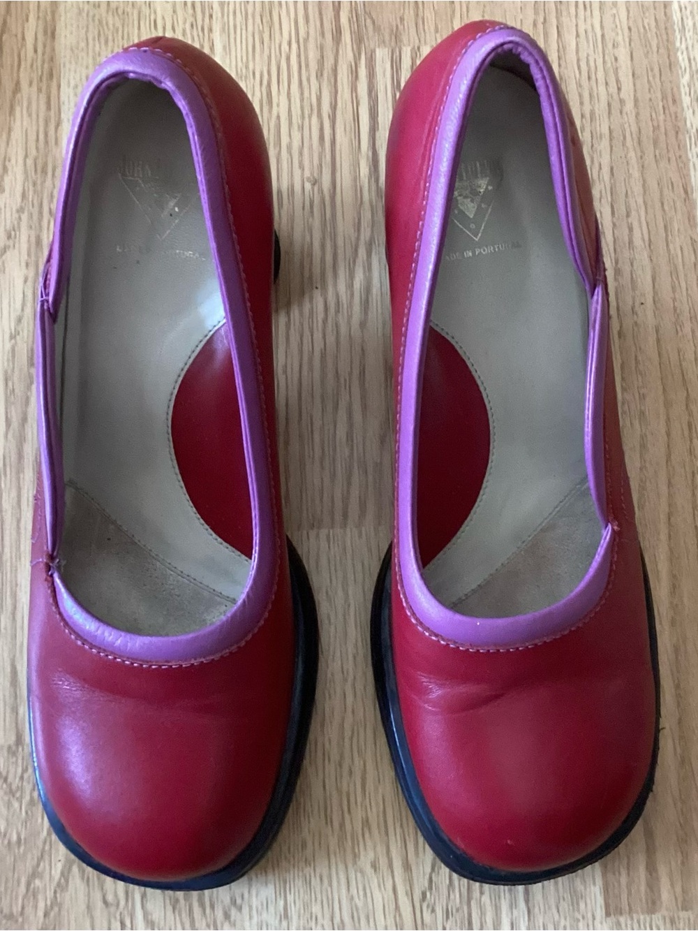 John Fluevog Red Leather Pumps With Purple Trim, Size 12, Spool Heel